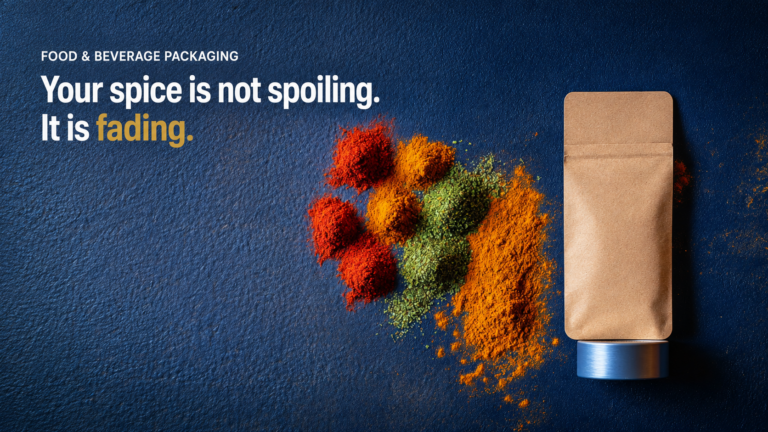 Spices in red, orange, green, and yellow spill from a kraft pouch onto a dark blue textured surface with the headline: “Your spice is not spoiling. It is fading.”
