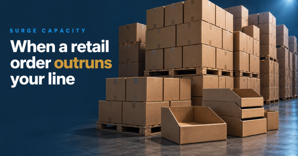 Stacks of cardboard boxes on pallets in a warehouse, with the headline 'When a retail order outruns your line' against a blue background.