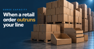 surge capacity - Korpack - Packaging Solutions for Complex Businesses Stacks of cardboard boxes on pallets in a warehouse, with the headline 'When a retail order outruns your line' against a blue background.