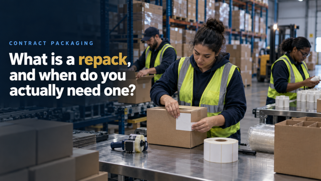 Headline about repack in a bustling warehouse with workers packing boxes, labeled 'Contract Packaging'.
