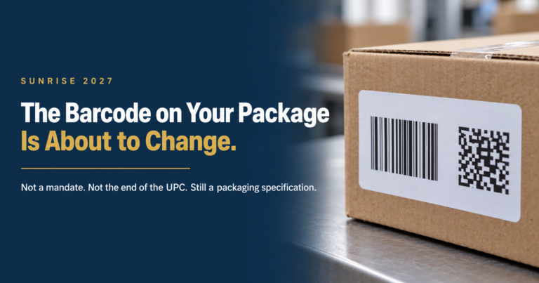Banner image: dark blue gradient with the headline “The Barcode on Your Package Is About to Change,” and a cardboard box with a large barcode label to the right.