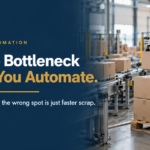 Find the Bottleneck Before Automating - Korpack - Packaging Solutions for Complex Businesses Robotic arm lifting a cardboard box on a packaging automation line, with a blue left panel and the banner text “Find the Bottleneck Before You Automate.”
