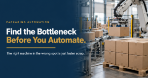 Find the Bottleneck Before Automating - Korpack - Packaging Solutions for Complex Businesses Robotic arm lifting a cardboard box on a packaging automation line, with a blue left panel and the banner text “Find the Bottleneck Before You Automate.”