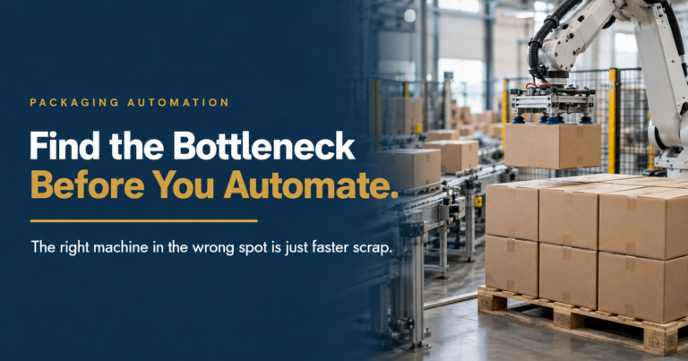 Find the Bottleneck Before Automating - Korpack - Packaging Solutions for Complex Businesses Robotic arm lifting a cardboard box on a packaging automation line, with a blue left panel and the banner text “Find the Bottleneck Before You Automate.”
