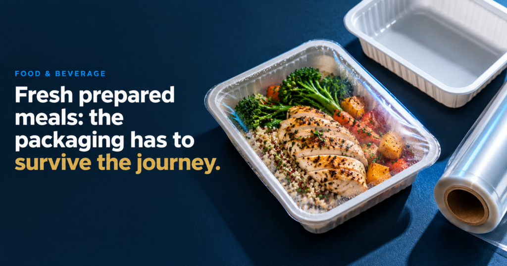 Hero image showing a sealed plastic meal tray with sliced grilled chicken, broccoli, and roasted vegetables on a dark blue background; includes the text 'Fresh prepared meals: the packaging has to survive the journey.'