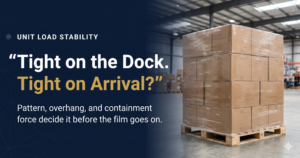 Gemini_Generated_Image_yox35oyox35oyox3 - Korpack - Packaging Solutions for Complex Businesses Warehouse scene with a pallet of boxed goods on the right and a dark blue banner reading 'Unit Load Stability' on the left.