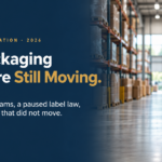 Packaging Rules in Motion - Korpack - Packaging Solutions for Complex Businesses Hero banner: dark blue panel with the headline 'The Packaging Rules Are Still Moving.' beside a warehouse full of stacked boxes and pallets on the right.