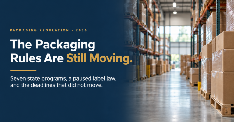 Packaging Rules in Motion - Korpack - Packaging Solutions for Complex Businesses Hero banner: dark blue panel with the headline 'The Packaging Rules Are Still Moving.' beside a warehouse full of stacked boxes and pallets on the right.