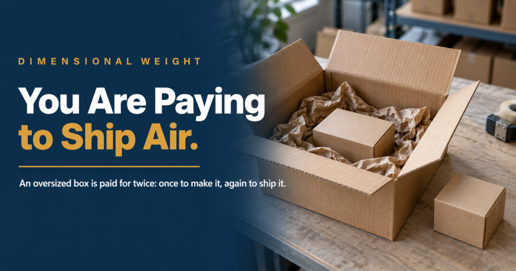 Banner promoting dimensional weight: bold text 'You Are Paying to Ship Air' on a dark blue left panel beside an open box with packing paper on a workbench.