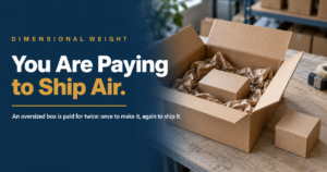 Shipping Air_ The Dimensional Weight Trap - Korpack - Packaging Solutions for Complex Businesses Banner promoting dimensional weight: bold text 'You Are Paying to Ship Air' on a dark blue left panel beside an open box with packing paper on a workbench.