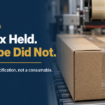 The Box Held Tape Failed - Korpack - Packaging Solutions for Complex Businesses Cardboard box on a packaging line with bold headline: 'The Box Held. The Tape Did Not.' on a dark blue background.