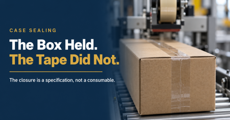 The Box Held Tape Failed - Korpack - Packaging Solutions for Complex Businesses Cardboard box on a packaging line with bold headline: 'The Box Held. The Tape Did Not.' on a dark blue background.