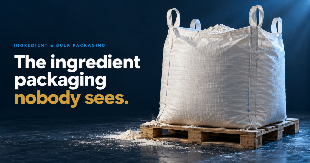 Bulk white bag on a wooden pallet against a dark blue backdrop, with the headline: 'The ingredient packaging nobody sees.'