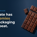choc packaging - Korpack - Packaging Solutions for Complex Businesses Dark blue hero with bold white text: 'Chocolate has two enemies your packaging has to beat' beside a chocolate bar and scattered cocoa nibs on the right.