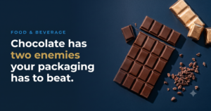 choc packaging - Korpack - Packaging Solutions for Complex Businesses Dark blue hero with bold white text: 'Chocolate has two enemies your packaging has to beat' beside a chocolate bar and scattered cocoa nibs on the right.